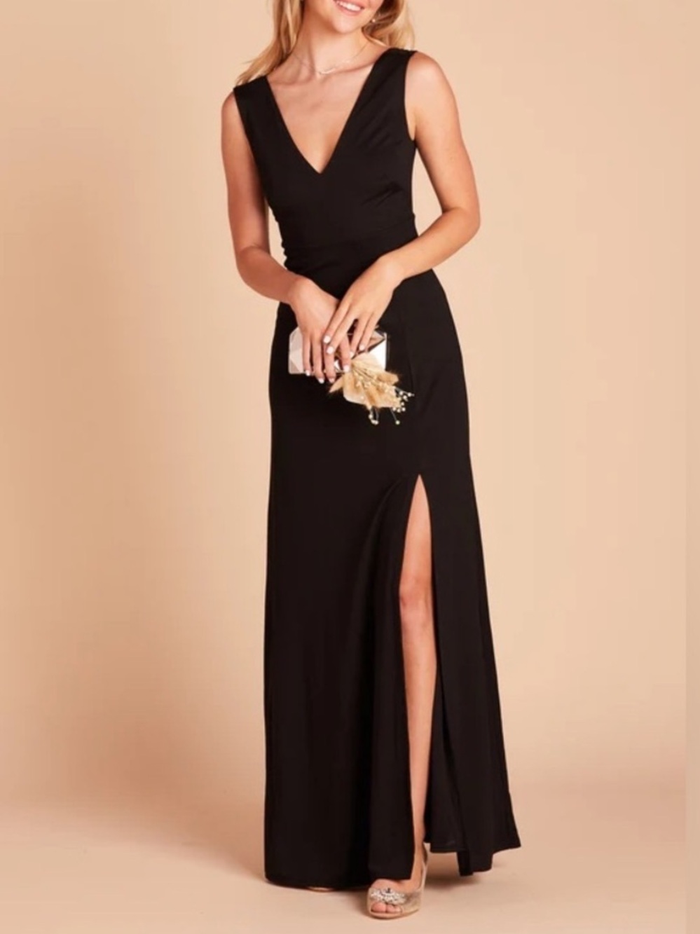 Birdy Grey Shamin Crepe Black V-Neck Bridesmaid Formal Maxi Dress Sz S